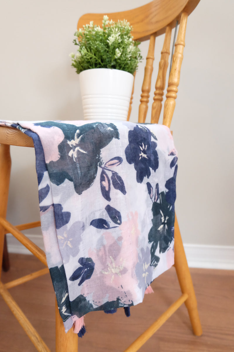 Viscose Print with Tassel - Blue Pink Flower - Hijabtale