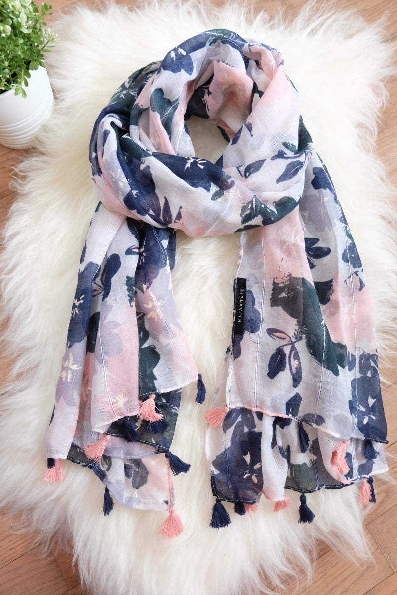 Viscose Print with Tassel - Blue Pink Flower - Hijabtale