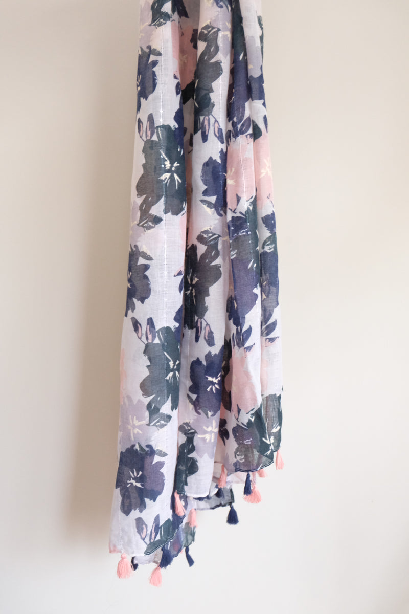 Viscose Print with Tassel - Blue Pink Flower - Hijabtale