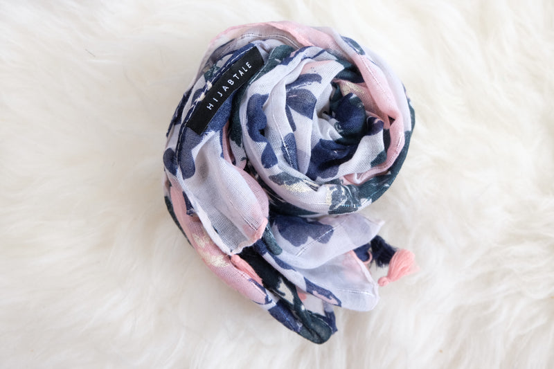 Viscose Print with Tassel - Blue Pink Flower - Hijabtale