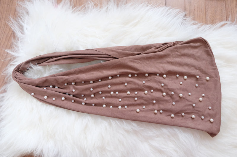 Luxury Suede Instant Turban with Pearl - Warm Taupe - Hijabtale