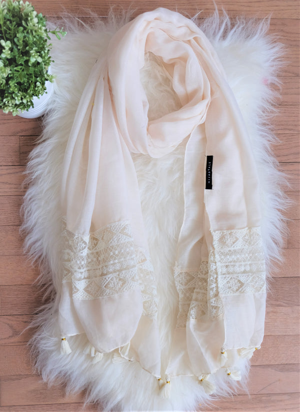 Luxury Embroidered Viscose with Tassel - Ivory - Hijabtale