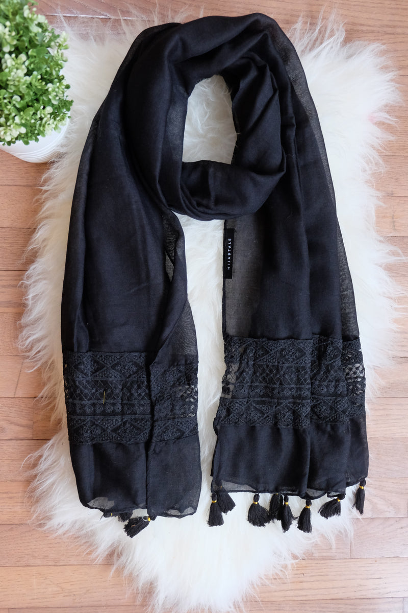 Luxury Embroidered Viscose with Tassel - Black - Hijabtale