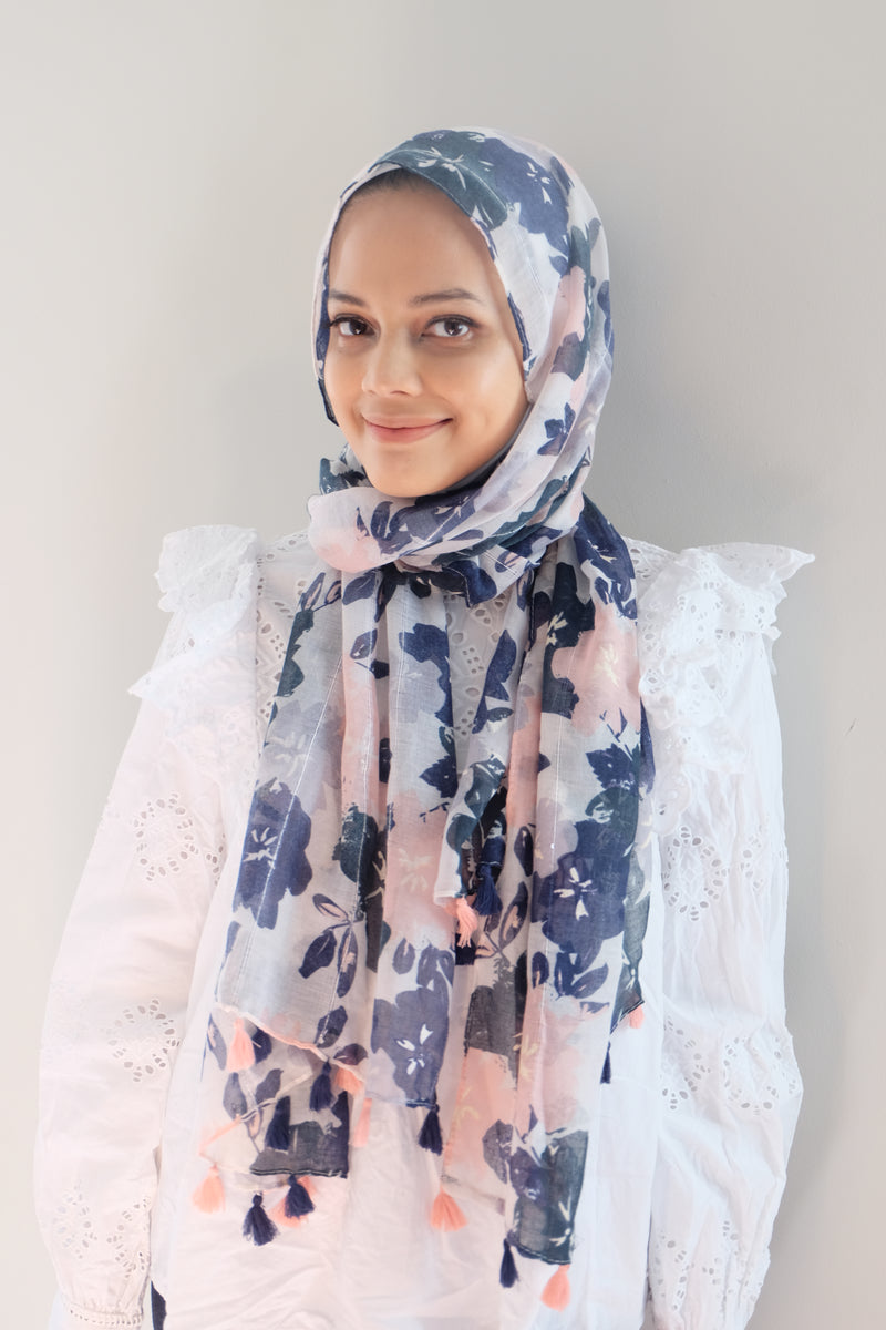 Viscose Print with Tassel - Blue Pink Flower - Hijabtale