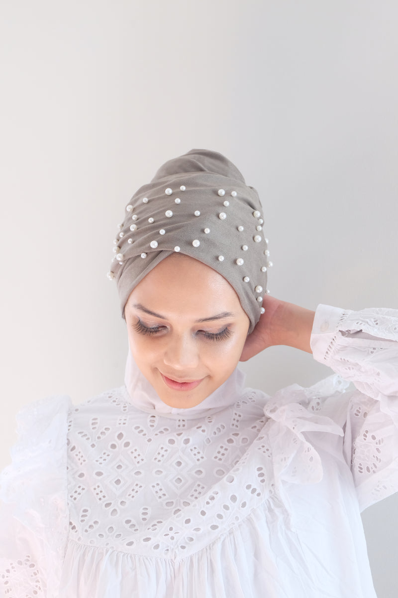 Luxury Suede Instant Turban with Pearl - Dark Olive - Hijabtale