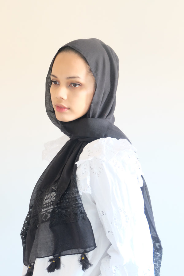 Luxury Embroidered Viscose with Tassel - Black - Hijabtale
